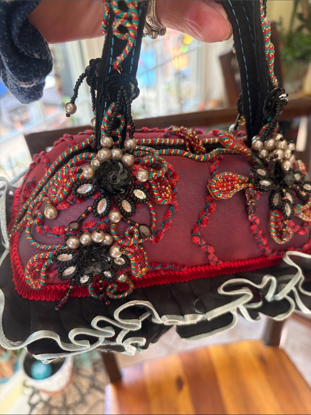 Mary Frances Embellished Red & Black Women's Handbag - Picture 6 of 14
